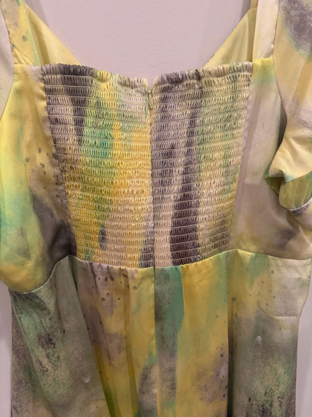 DKNY Printed Satin Midi Dress Watercolor Yellow Green Size Large NEW - Picture 12 of 12